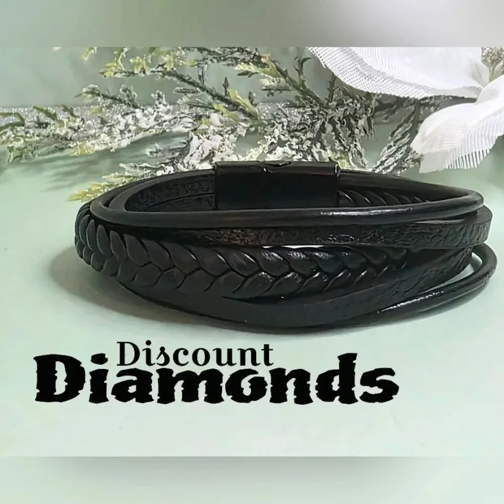 Black Genuine Braided Leather & Black Titanium Magnetic Closure